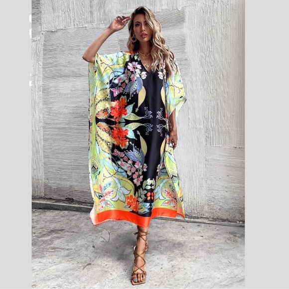 Zara RARE Multicolored Floral Printed Asian Satin Kimono Kaftan Scarf Midi Dress - Picture 2 of 15